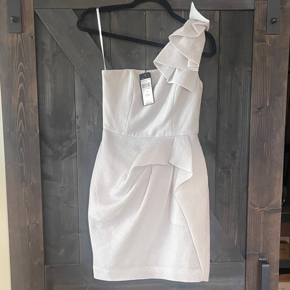 BCBGMaxAzria One-Shoulder Ruffle Dress in light grey